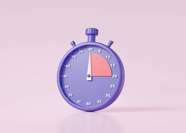 Klasyczna ikona stopera 3D na odizolowanym różowym pastelowym tle. czasomierz chronometryczny pokazujący liczbę minut rozpoczęcia i zakończenia. Minimalna kreskówka cute gładka koncepcja twórcza. Ilustracja 3D renderowania - Zdjęcie, obraz