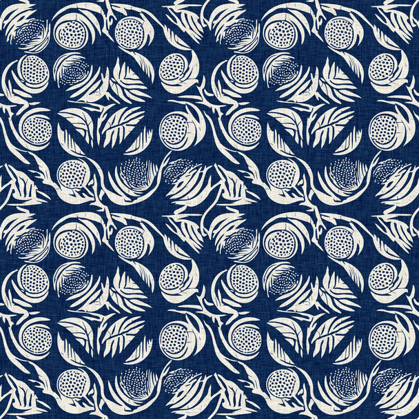 Masculine indigo floral blockprint linen seamless pattern. All over print of navy blue cotton effect flower linocut fabric background - Фото, изображение
