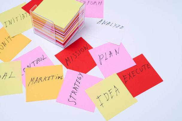 Post-it notes with strategic ideas.Business communication,brainstorming,meeting,plan concept. - Foto, Bild