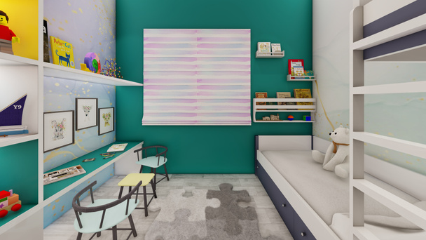 Diseño de interiores niños dormitorio verde azulado realista 3d render - Foto, imagen