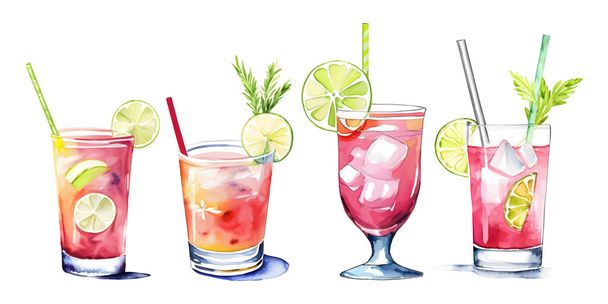 Watercolor set illustration of summer drinks and cocktails collection on white background. Vector illustration - Vettoriali, immagini