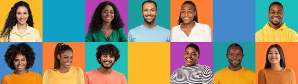 Portrait de jeunes noirs, indiens, arabes sur fond de studio coloré, profiter de dents parfaites et de réunion, avec espace vide pour l'annonce et l'offre, panorama, collage. Émotions, mode de vie - Photo, image