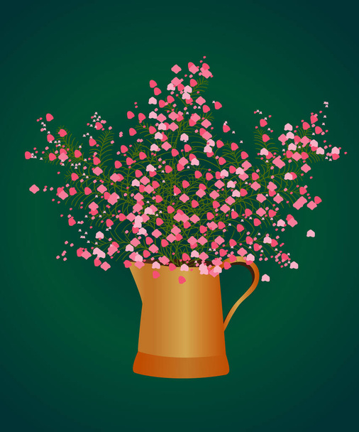 Een verstrooiing van roze kleine bloemen in een theepot. Vector illustratie, op een groene achtergrond - Vector, afbeelding