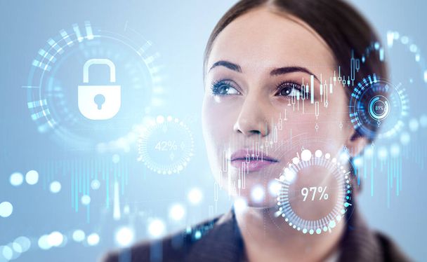 Pensive businesswoman look up, double exposure, stock market candlesticks and bar chart hud, forex diagrams with glowing security lock. Concept of financial analysis - Fotoğraf, Görsel