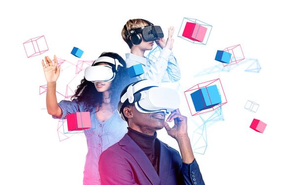 Multinational business people in vr headset, hands touch colorful digital blocks hologram floating on white background. Concept of virtual reality - Фото, изображение