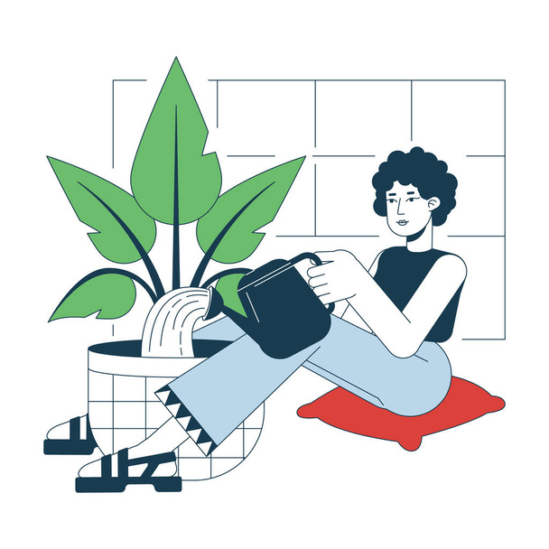 Watering plant flat line vector spot illustration. Curly hair woman sitting with pot 2D cartoon outline character on white for web UI design. Gardening houseplant editable isolated colorful hero image - Вектор,изображение