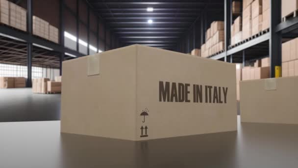 Коробки с заготовленными в итальянском тексте на конвейере. Итальянские товары, связанные с петлевой 3D анимацией. - Кадры, видео