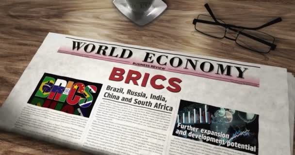 BRICS Brazílie Rusko Indie Čína Jihoafrická republika hospodářství sdružení deníku na stole. Titulky zprávy abstraktní koncept 3d. - Záběry, video