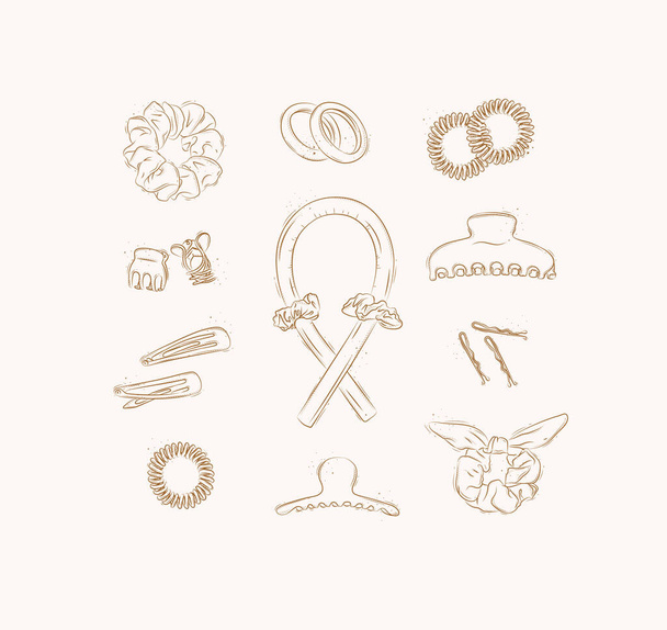 Elastische banden en haarklemmen collectie tekening op bruine achtergrond - Vector, afbeelding