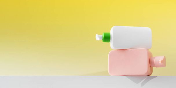 A set of cosmetic bottles on a white shelf on a yellow background with a place for your logo. Routine body and hair care, toiletries. Copy space - Photo, Image