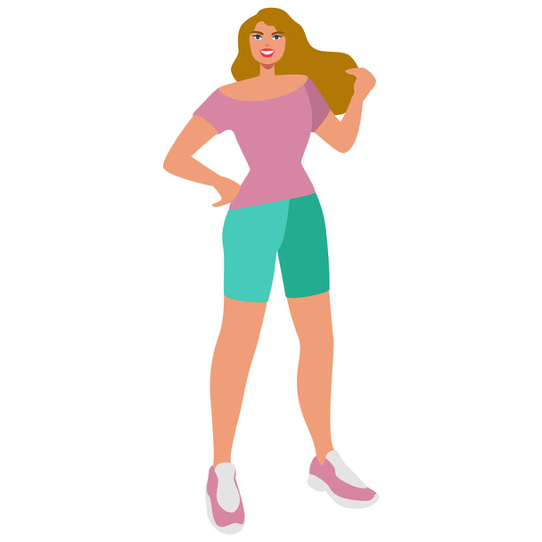 Mujer posando. Mujer joven de cuerpo entero con ropa casual. Ilustración vectorial en estilo plano - Vector, imagen