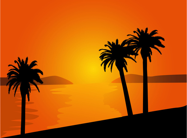 日没時にヤシの木があるビーチ - ベクター画像
