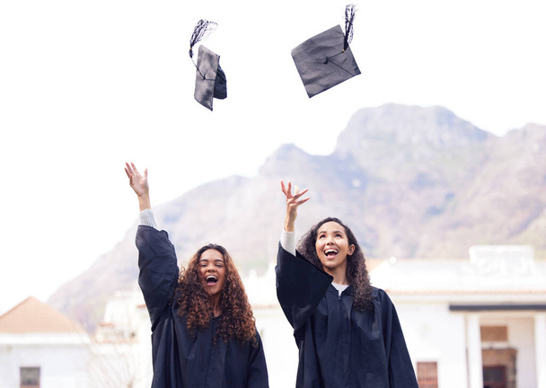 Graduation, hats and students celebrating academic achievement or graduates together with joy on happy day and outdoors. Friends, education and success for degree or excitement and campus picture. - Photo, Image