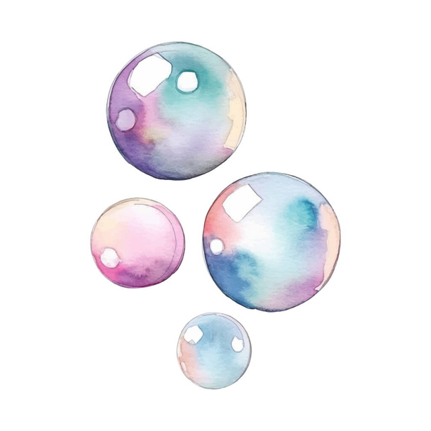 Burbujas de jabón Acuarela Ilustración. Ilustración vectorial colorida dibujada a mano aislada sobre fondo blanco - Vector, imagen