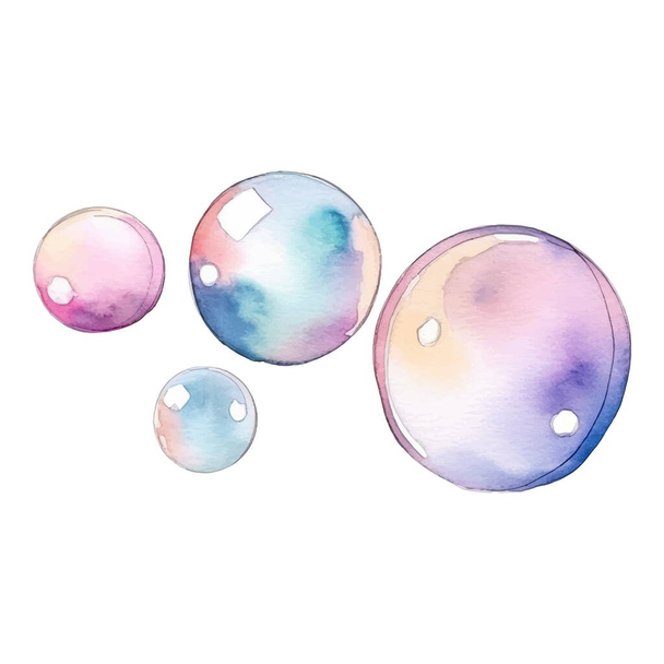 Burbujas de jabón Acuarela Ilustración. Ilustración vectorial colorida dibujada a mano aislada sobre fondo blanco - Vector, Imagen