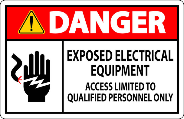 Nebezpečí nápis vystavené elektrické zařízení, přístup omezený pouze na kvalifikované pracovníky - Vektor, obrázek
