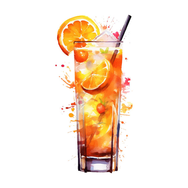 Refreshing Drink with Ice and Orange Watercolor illustration. Hand drawn vector illustration isolated on white background - Vector, Image