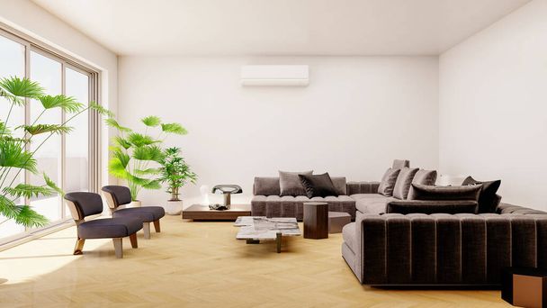 Velký luxusní moderní světlé interiéry Obývací pokoj mockup banner ilustrace 3D vykreslování počítače digitálně generovaný obraz - Fotografie, Obrázek
