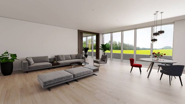 Velký luxusní moderní světlé interiéry Obývací pokoj mockup banner ilustrace 3D vykreslování počítače digitálně generovaný obraz - Fotografie, Obrázek