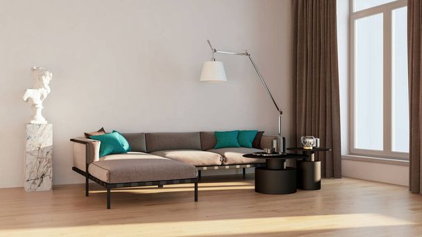 Large luxury modern bright interiors Living room mockup banner illustration 3D rendering computer digitally generated image - Photo, Image