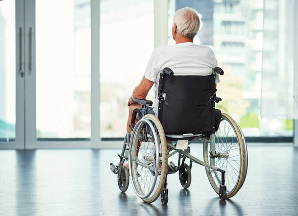 Líbí se mu to ticho. Zpětný záběr staršího muže na invalidním vozíku, jak obdivuje výhled oknem - Fotografie, Obrázek