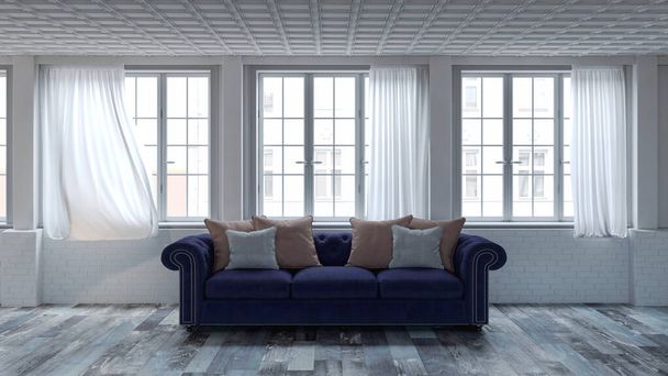 Large luxury modern bright interiors Living room mockup illustration 3D rendering computer digitally generated image - Photo, Image