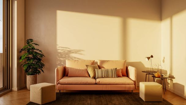 Grande luxo modernos interiores luminosos Sala de estar mockup ilustração 3D renderização computador imagem gerada digitalmente - Foto, Imagem