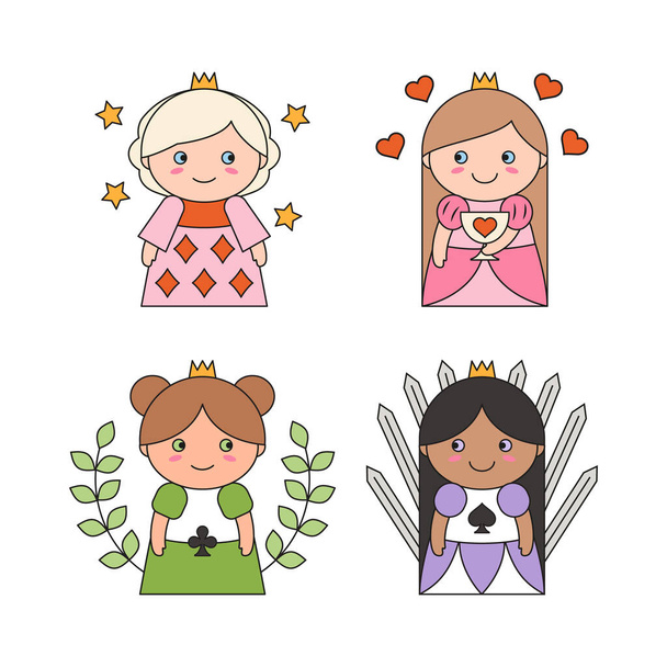 Kawaii tarzında renkli elbiseli şirin prensesler. Kartpostal giymiş kraliçe kostümlü kızlar. Kalpler. Elmaslar. Maça. Kulüpler. Vektör illüstrasyonu - Vektör, Görsel