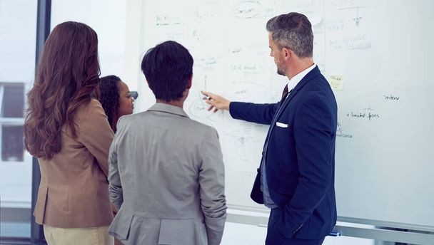 This is what Im interested in. Rearview shot of a group of businesspeople working on a whiteboard in the boardroom - Photo, image