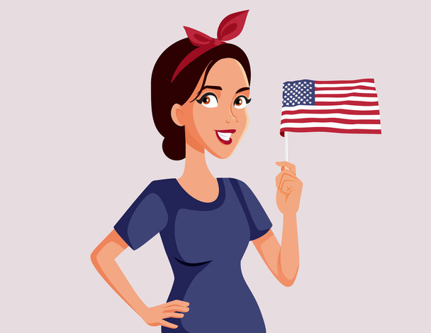 Happy Woman Waving the USA Flag Celebrating Vector Cartoon Illustration - Vektör, Görsel