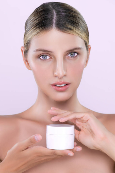 Alluring beautiful perfect cosmetic skin woman portrait hold mockup jar cream or moisturizer for skincare treatment, anti-aging product in isolated background. Natural healthy skin model concept. - Fotó, kép