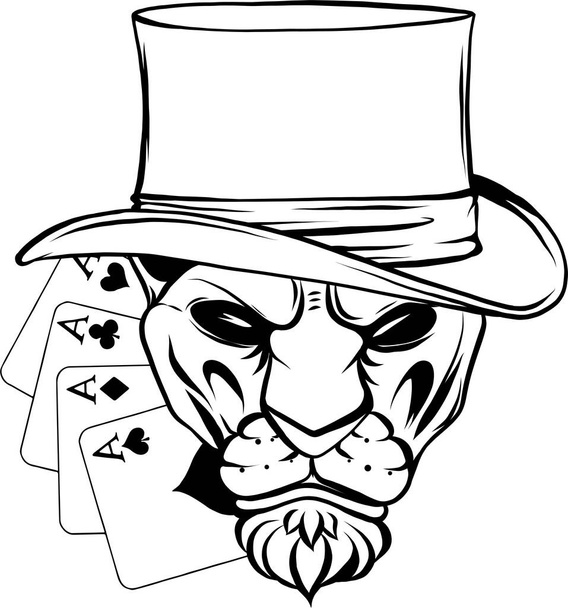 Lion with cylinder hat and poker cards - Vector, Image