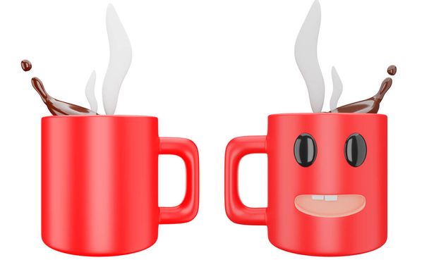 コーヒーやホットチョコレートスプラッシュ、美しい笑顔の赤いコーヒーマグカップと3Dセラミックカップホットドリンク、クリッピングパスの背景に隔離された3Dイラスト. - 写真・画像