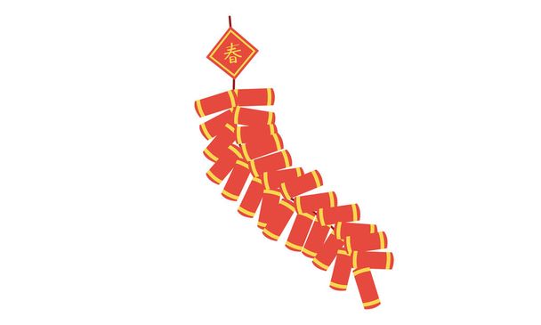 Chinesisches Neujahrsfeuerwerk. Einfache chinesische rote Feuerwerkskörper oder Kanonen flache Vektor Design Illustration Cartoon Zeichnung Stil. Chinesischer Text bedeutet "Frühling". Asiatisches glückliches Mondneujahr - Vektor, Bild