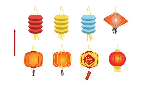 Διάνυσμα σετ κινεζικών φαναριών της Πρωτοχρονιάς. Απλό πολύχρωμο διακοσμητικό κρεμαστό φανάρι επίπεδη διανυσματική απεικόνιση σχέδιο κινουμένων σχεδίων. Κινέζικη ετικέτα σημαίνει "Καλή Χρονιά". Ασιατική σεληνιακή έννοια - Διάνυσμα, εικόνα