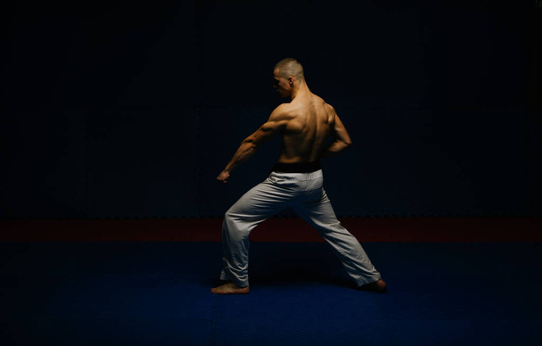 Przystojny młodzieniec grający w karate Gedana Barai w studio. - Zdjęcie, obraz