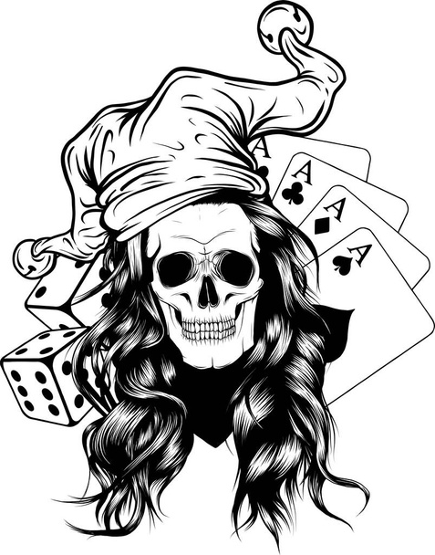 Koponya bohóc kalapban, póker kártyában és kockában. - Vektor, kép