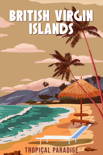 Мандрівний плакат Британських Віргінських островів. Берег пляжу, пальми, океан, узбережжя. Райський курорт, ретро стиль ілюстрацій вектор листівки - Вектор, зображення
