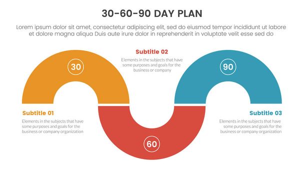 30-60-90 day plan management infographic 3 point stage template with circular shape half circle concept for slide presentation vector illustration - Vector, Image