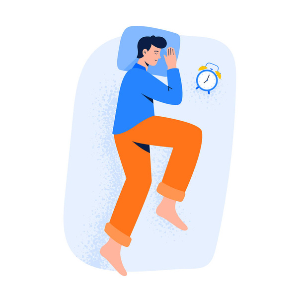 A man lying in a side pose during dream. Top view of night sleeping position. Vector illustration in flat style isolated on white background. - Vector, Image