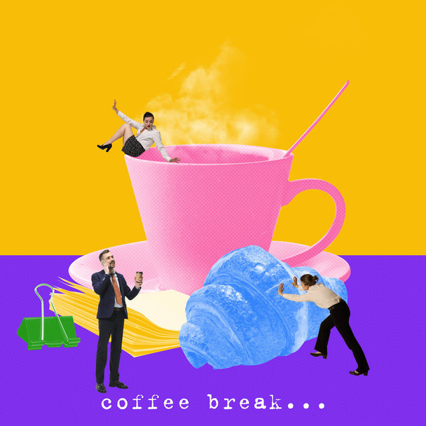 Coffee and lunch break., Office workers, employee drinking coffee, eating, talking on phone. Contemporary art collage. Business and leisure time, motivation and rest concept. Creative colorful design - Photo, image
