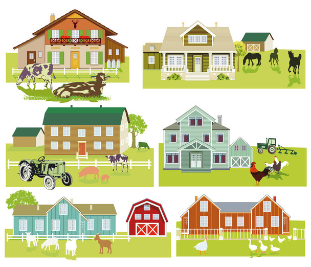 Αγροικίες με βοοειδή και ελκυστήρες, εικονογράφηση - Διάνυσμα, εικόνα