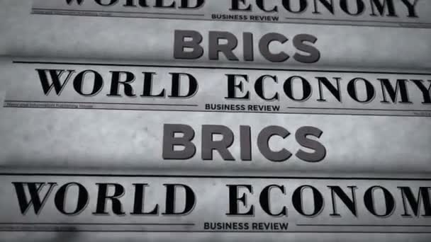 BRICS Brasil Rusia India China Sudáfrica economía asociación vintage noticias e impresión de periódicos. Concepto abstracto titulares retro 3d. - Metraje, vídeo