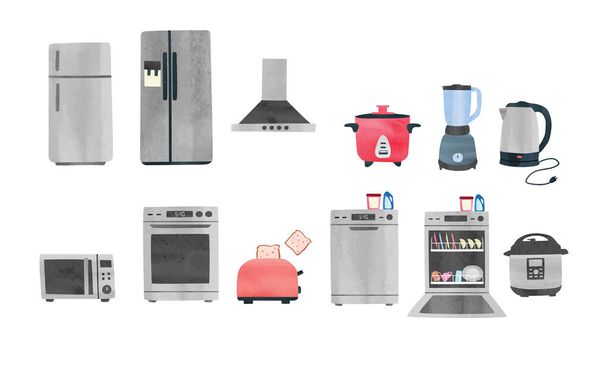 Ensemble aquarelle simple d'appareils de cuisine illustration vectorielle isolé sur fond blanc. Micro-ondes, réfrigérateur, lave-vaisselle, grille-pain, hotte aspirante, mixeur, bouilloire, four, cuisinière à riz - Vecteur, image