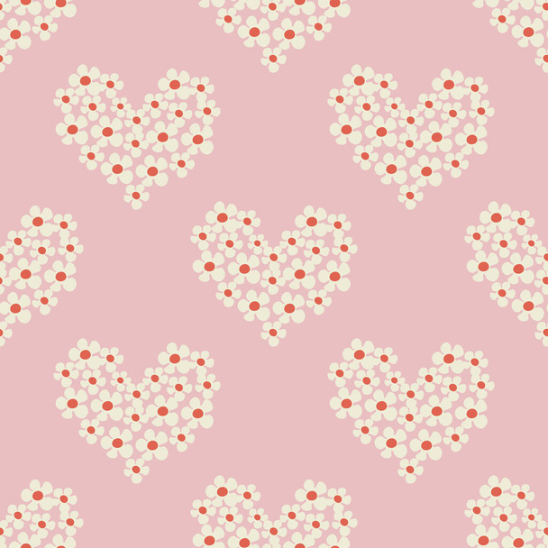 Patrón sin costuras con forma de corazón con flores de flores de margarita en estilo Groovy sobre un fondo rosa. - Vector, Imagen