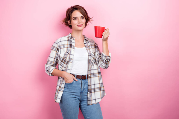 Photo of young business lady relax after hardworking morning hold cup fresh cappuccino office features isolated on pink color background. - 写真・画像