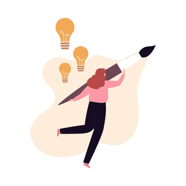 Soft skill for business concept collection. Vector flat character illustration. Creativity. Woman painter with paint brush. Light bulb idea symbol. Design for corporate training, business - Vector, Image
