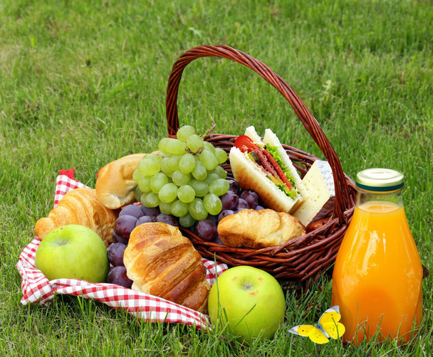 корзина с фруктами и пикником на зеленой лужайке - Фото, изображение