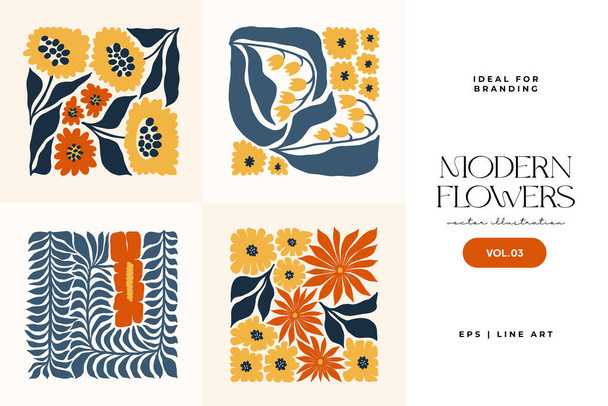 Elementos abstractos florales. Composición botánica. Moderno estilo minimalista Matisse de moda. Cartel floral, invitar. Disposiciones vectoriales para la tarjeta de felicitación o el diseño de invitación - Vector, imagen