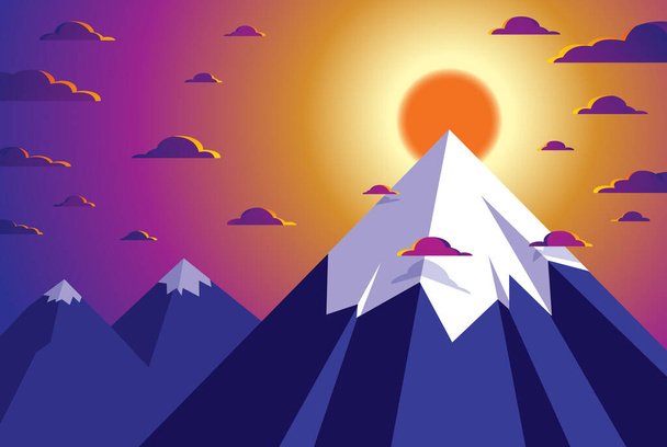 Beautiful mountain landscape with setting sun in the evening, sundown over peak scenic nature vector illustration, tranquil calm image for relaxing. - Вектор,изображение